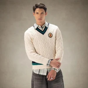 Best Members Only Men's Cable Knit Cricket Sweater Off-White