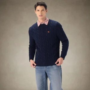 Sale Members Only Men's Crew Neck Cable Sweater Navy