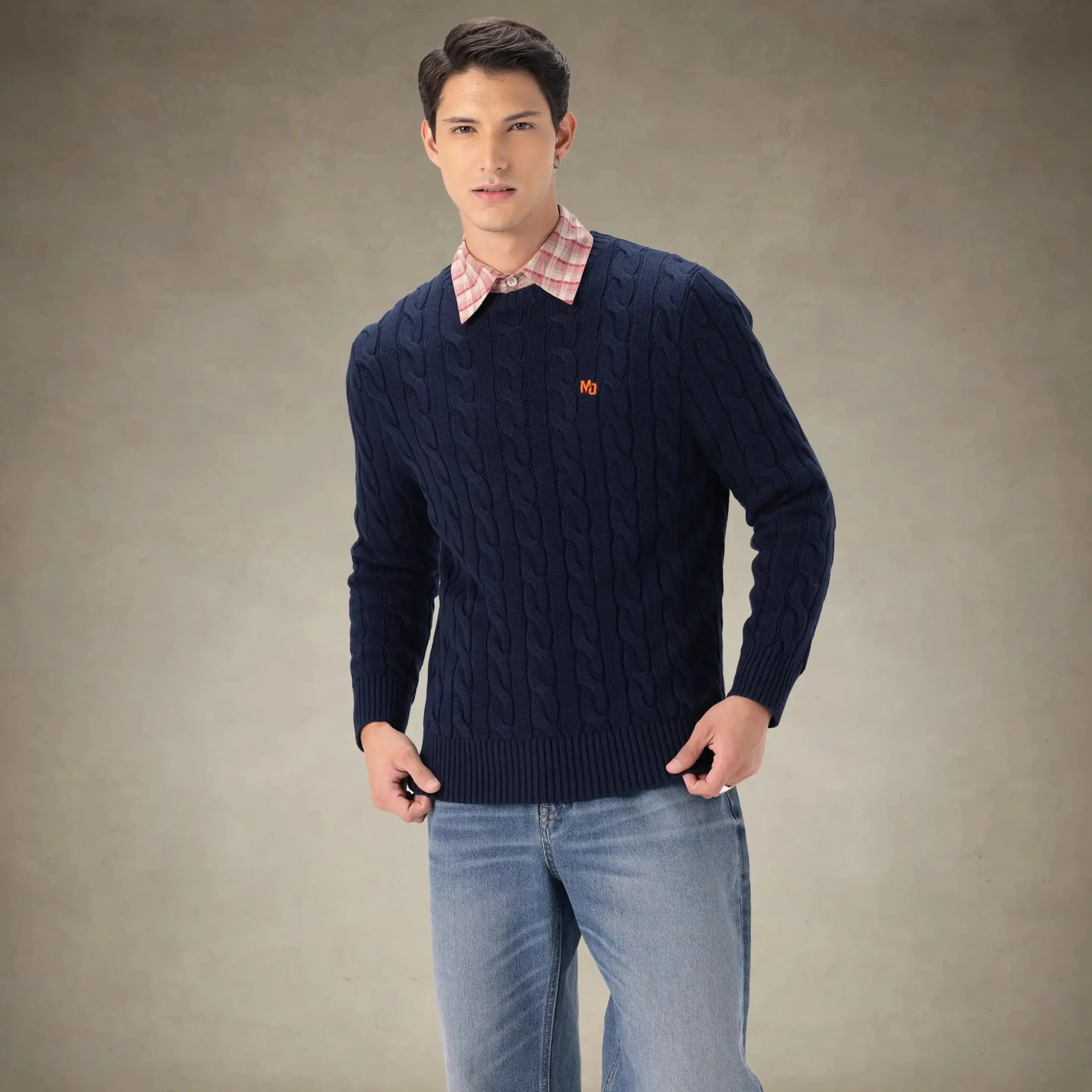 Sale Members Only Men's Crew Neck Cable Sweater Navy