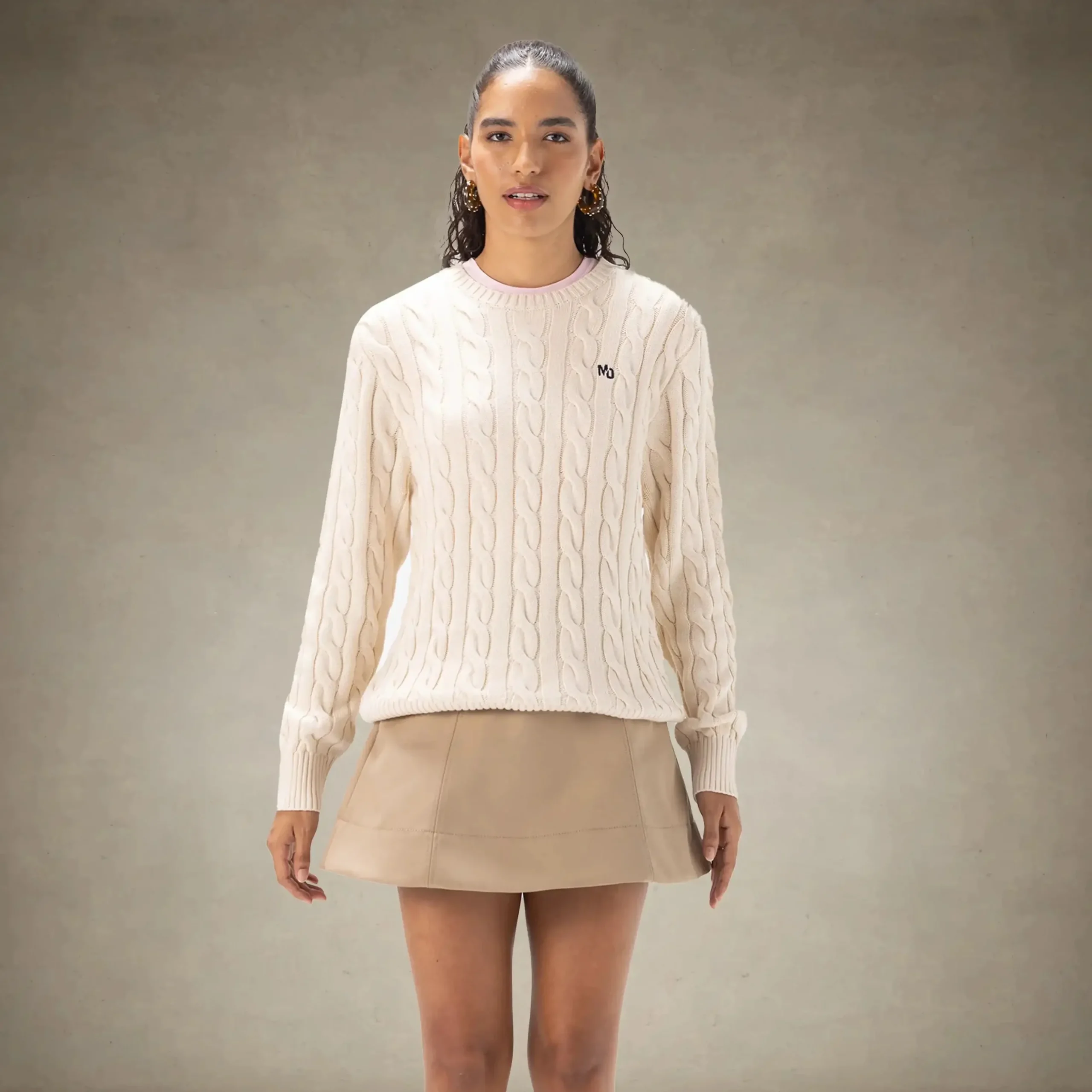Best Members Only Women's Crew Neck Cable Sweater Off-White