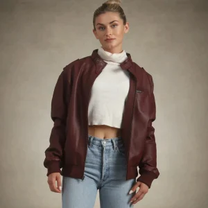 Fashion Members Only Women's Faux Leather Iconic Racer Oversized Jacket Burgundy