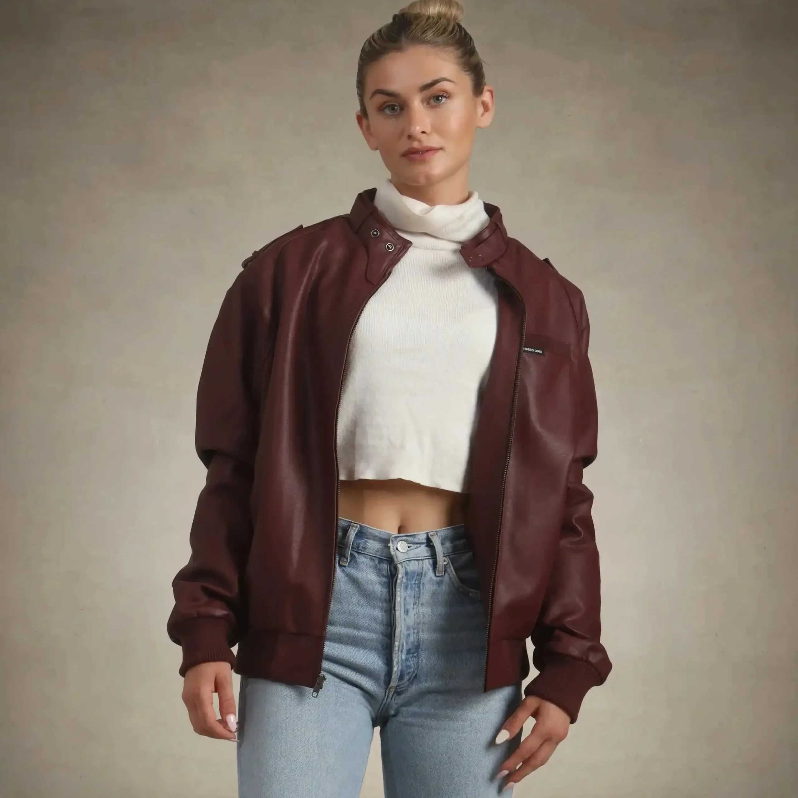 Fashion Members Only Women's Faux Leather Iconic Racer Oversized Jacket Burgundy