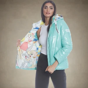 Clearance Members Only Women's Hi-Shine Chevron Quilt Puffer with Looney Tunes Mashup Print Lining - FINAL SALE Mint