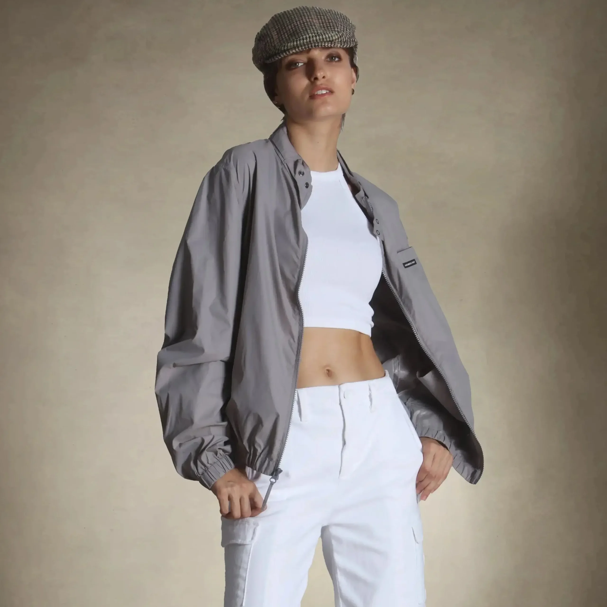 Outlet Members Only Women's Oversized Packable Windbreaker Jacket Light Grey