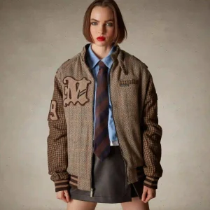 New Members Only Women's Oversized Tweed Varsity Jacket Beige