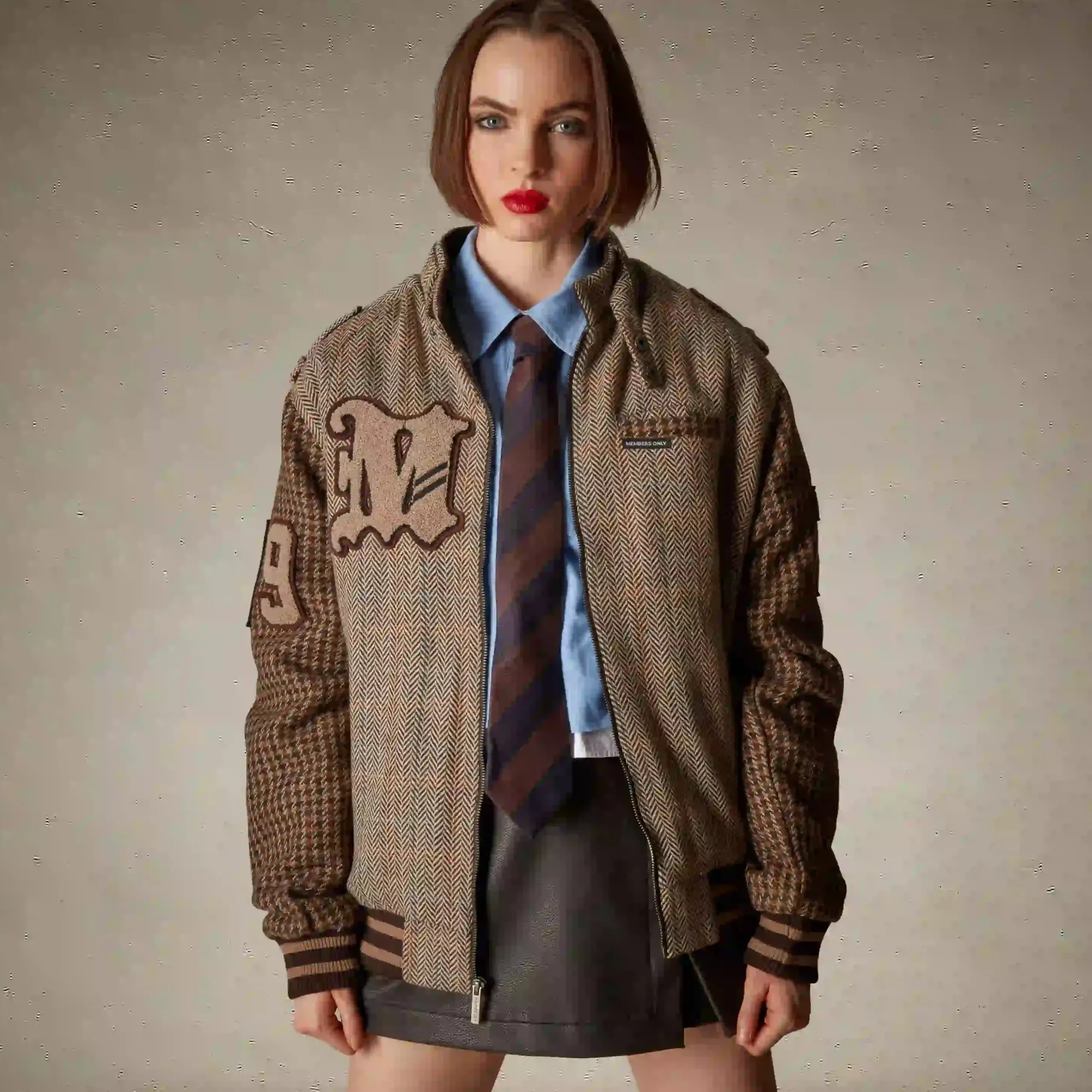 New Members Only Women's Oversized Tweed Varsity Jacket Beige