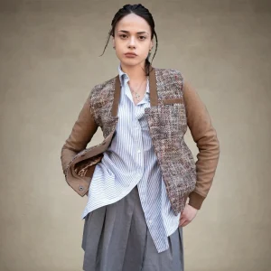 New Members Only Women's Updated Tweed Varsity Jacket with Contrast Sleeve - FINAL SALE Camel